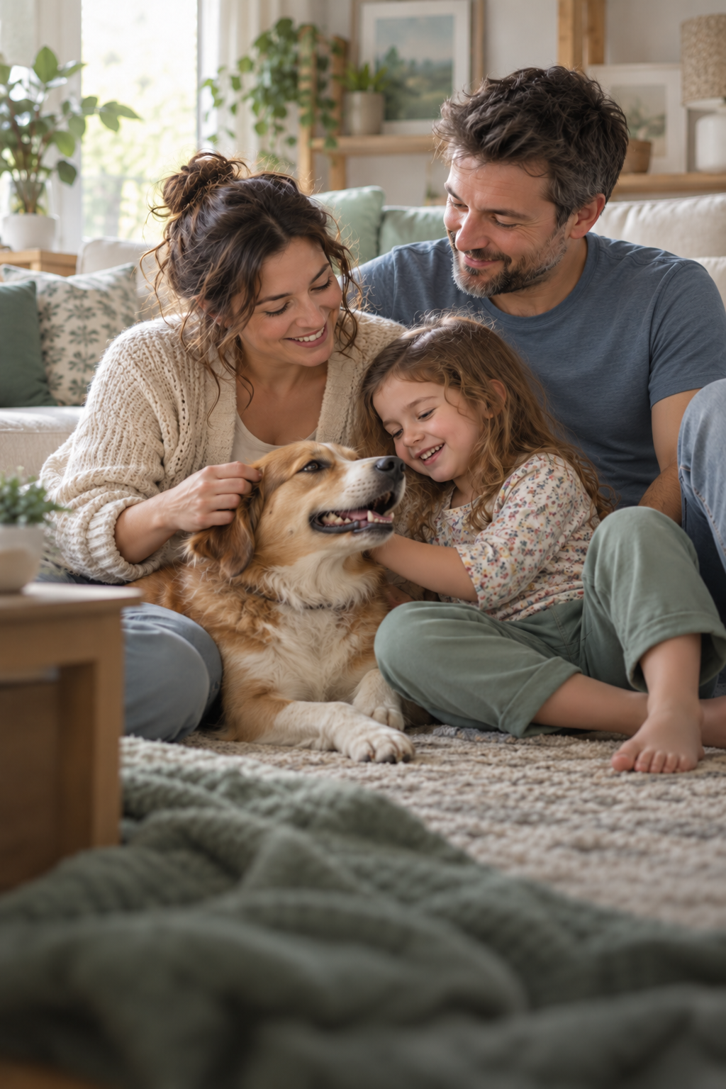 Familia compartiendo un momento en casa con su perro