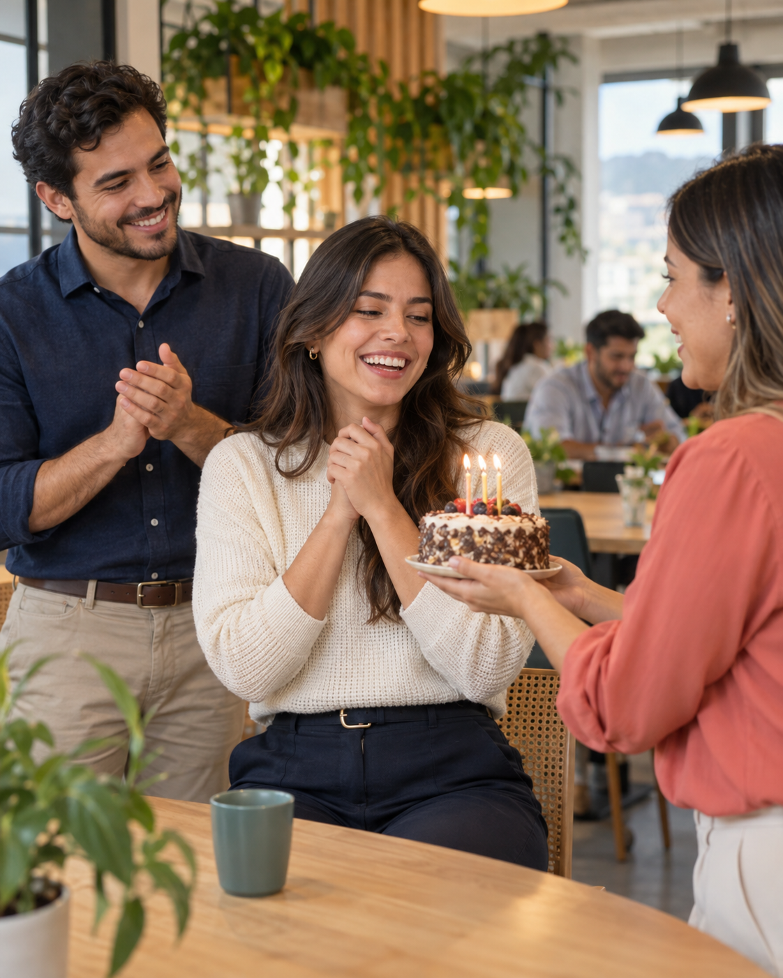 Compañeros sorprenden a una colaboradora con un pastel de cumpleaños en una cafetería