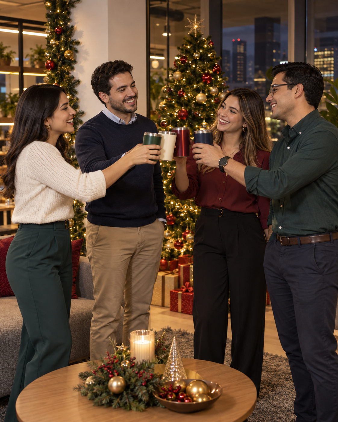 Grupo de colaboradores brinda en una oficina decorada para Navidad